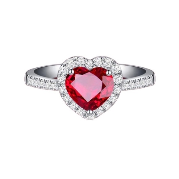 925 Red Ruby Heart Shape Gemstone Sterling Silver Wedding Rings - Picture 2 of 5